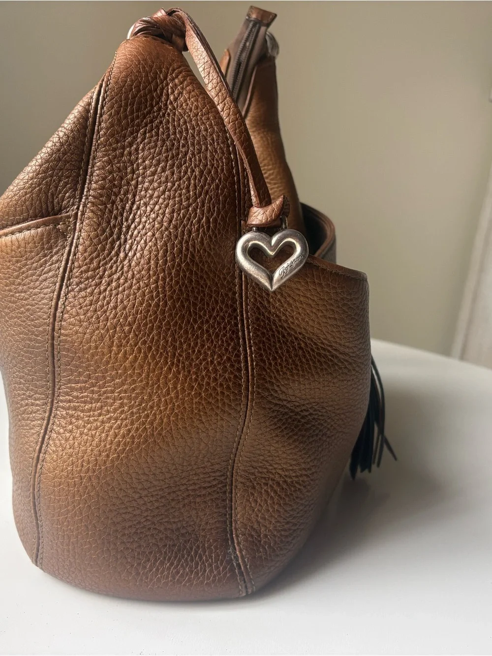 Brighton Gold Pebble Leather Hobo Bag with Heart Tassel Boho Shoulder Beach